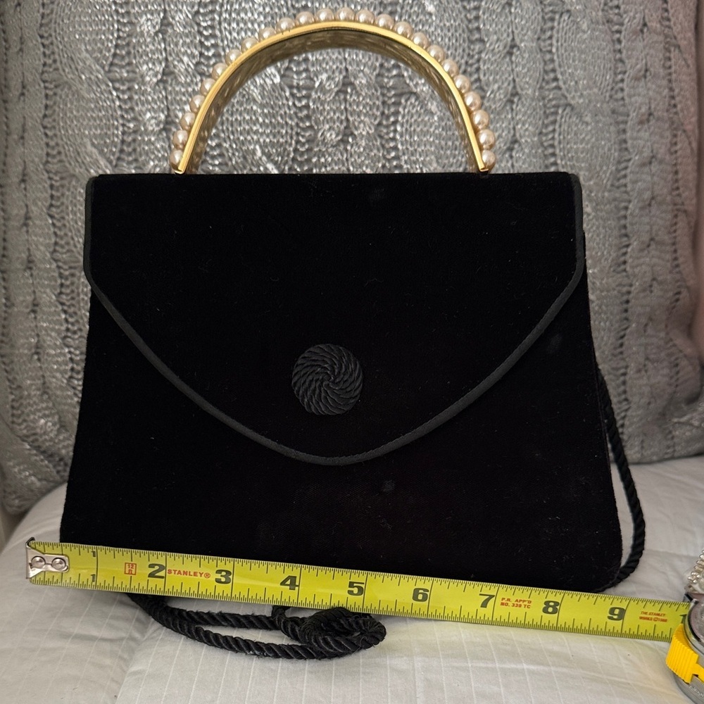 Vintage Black Velvet Clutch Pearl Handle Evening Bag Top Handle 50s 60s - Picture 6 of 9